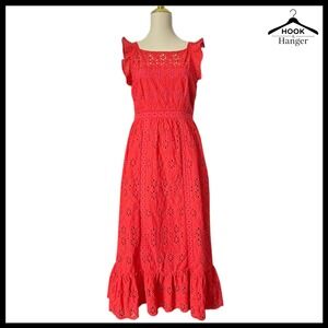 Vineyard Vines Tomato Red Eyelet Midi Dress 6 Cotton Summer Spring Wedding Guest